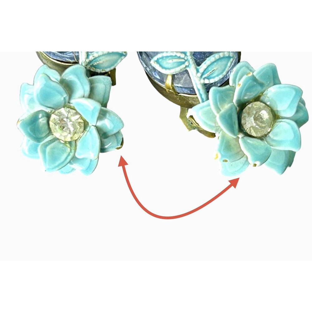 Vintage Glass And Enamel Earrings Blue Clip On Floral Vines Spring - Picture 8 of 11